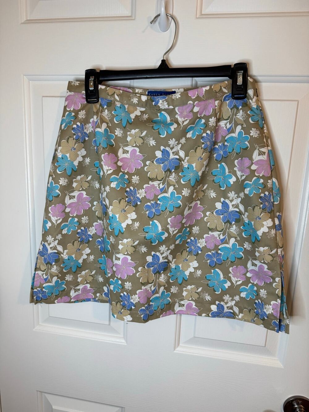 Karen Scott Sport Floral Skort Khaki Blue Pink Side Zip Elastic Gathers 10